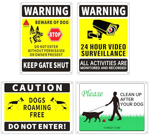 YOUGO LEE 4Pack Aluminum Warning Signs (Beware of The Dogs, Dogs Roaming Free, Please Clean Up After Your Dog) - Minimalist Style, UV Protected, Weatherproof, 10 x 7 inch, 4 Count