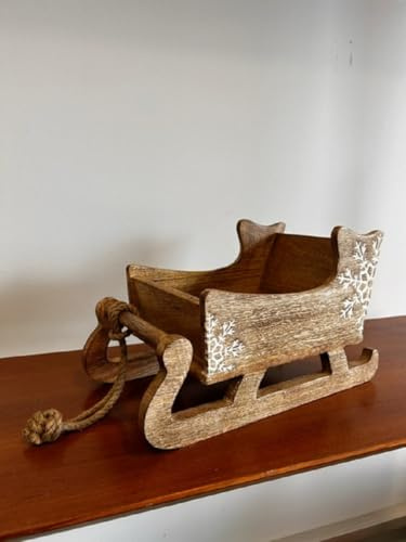 Slitta con Fiocco di Neve di Natale Decorativa in Legno di Mango, Grande, con Motivi Intagliati, Decorazione Natalizia da Tavolo