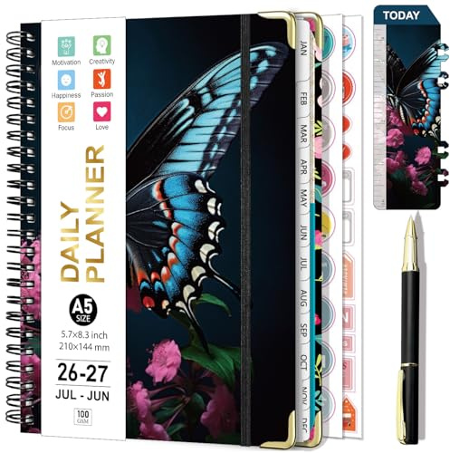 Gumiho Wochenplaner 2026 2027 Spirale - A5 Terminplaner (Juli 2026 - Juni 2027) - 12 Monate Schulplaner mit Stift, Lineal Lesezeichen & Planaufkleber