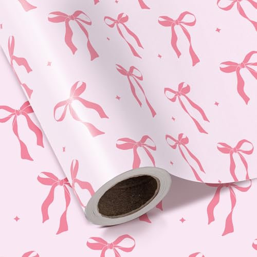 RUSPEPA Geschenkpapierrolle mit rosa Schleife – Minirolle – 43,2 cm x 5 m – Rosa SchleifenDesign, perfekt für Valentinstag, Mädchengeburtstage, Junggesellinnenabschiede, Babypartys