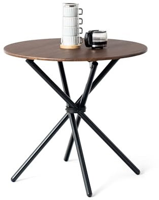 FurnitureR Table de Salle à Manger Ronde en Noyer - 80cm, Table à thé de Balcon, Plateau en Bois Rétro avec Quatre Pieds en Métal Noir, Design Compact, Polyvalent, pour 2-4 Personnes Cuisine, Café