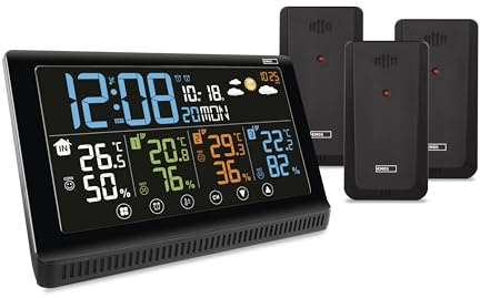 EMOS - Funk-Wetterstation mit 3 Außensensoren und USB-Port - Thermometer, Hygrometer, Barometer, Vorhersage, Memory - Funkuhr mit Wecker, Kalender, Komfortanzeige - Ständer/Wandhalterung - Netzteil