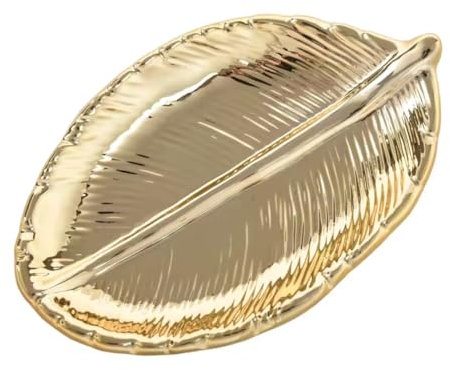 Bngukju Plato de cerámica con diseño de hojas, soporte para anillos de trébol de 4 hojas y bandeja de joyería de loto, elegante regalo decorativo para mujeres (hoja dorada)