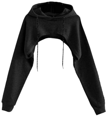 Remidoo Women Super Crop Top Pullover Sweatshirt Long Sleeve Drawstring Cropped Hoodie, Black, Large