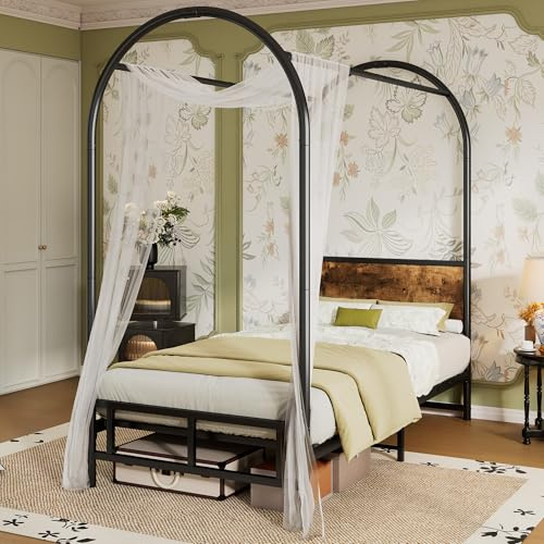 3ft Single Bed Frame Solid Metal Bed Frame, Vintage Canopy Twin Bed, Iron Platform Bed for Adults & Teenagers, Durable and Sturdy, No Mattress, Black+Wood Color