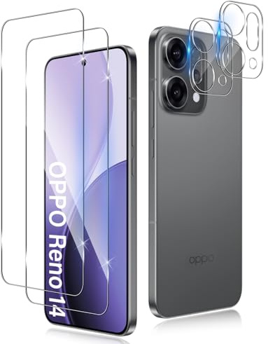 QULLOO 2+2 Piezas Protector de Pantalla para Oppo Reno 14 5G+ Protector de Lente de cámara, 9H Dureza Vidrio Templado Sin Burbujas Cristal Templado