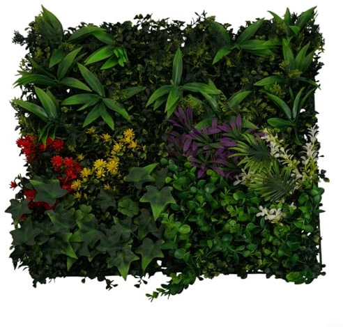 Paneles de pared de césped artificial con flores, 50 x 50 cm, protección UV, panel de valla realista para interiores y exteriores, jardín, decoración de fondo para patio, balcón, fiesta de boda (A)