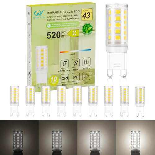 GY Ampoule Dimmable G9 LED Blanc Neutre 4000K, 3.2W 520LM Equivalent 43W, G9 Classe C, 360 Degrés, 220-240V, Luminosité Réglable, Lot de 10