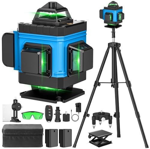 Laser Level with Tripod Self Leveling 4x360°, 4D 16 Lines Green Laser Level with 2 x 2400mAh Batteries, Adjustable Tripod, Swivel Base Remote Control Wall Bracket, IP54 Waterproof and Dustproof(Blue)