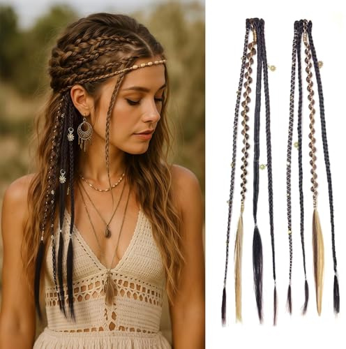 Dsoar Clip in Boho Zöpfe 20 Zoll 2 Stück Bohemian Geflochtene Haarteile mit Perlen und Anhängern Hitzebeständige Synthetische Dreads für Cosplay und den täglichen Gebrauch