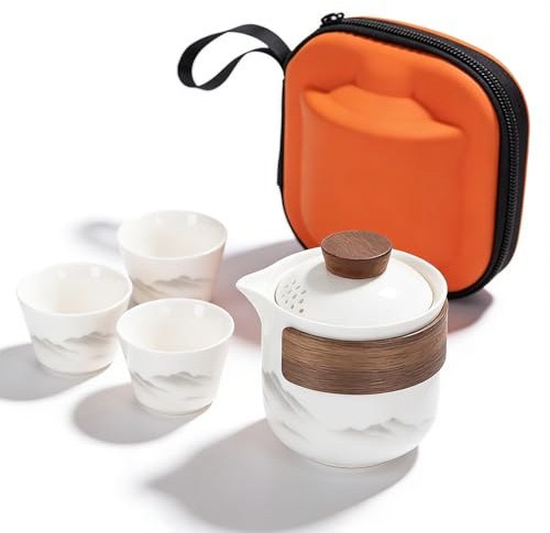PORFOYO Chinesisches Gongfu-Tee-Set, 200ml Tragbares Keramik-Teekannen-Set, Hochwertiges Porzellan Teeset, Keramik Teekannen-Set, Einteiliges Set Für Reisen, Zuhause Und Büro, Weiß-Orange