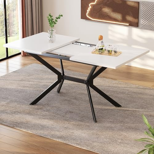 QSOST Table à Manger Extensible Blanche 120/160×80×75cm, Design rectangulaire, Pieds de Table en métal Noir pour 4-6 Personnes, matériau MDF, pour Salle à Manger, Cuisine, Salon