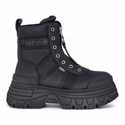 Buffalo Fusion Damen-Kampfstiefel mit Frontreißverschluss, schwarz, klobig, mit Plateau, knöchelhoch