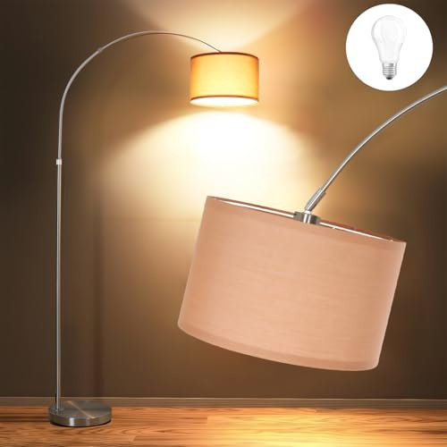 Modlicht Bogenlampe Wohnzimmer Stehlampe JASMIN I Inklusive LED E27 I Braunem Stoffschirm 33 cm I Fußschalter I 165-180 cm Nickel Bogenleuchte Vintage geeignet für Schlafzimmer, Hotel