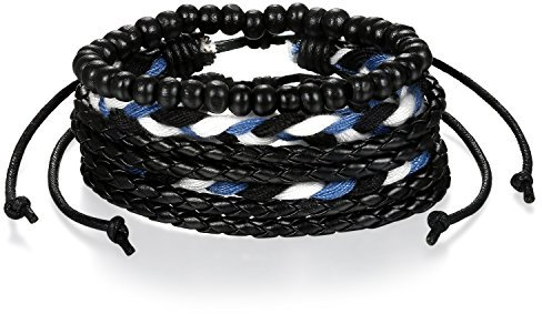 JewelryWe Schmuck Herren Damen Wickelarmband, Retro Kugel Perlen handgefertigt geflochten Leder Armband Armreif Perlenarmband, Weiß Blau Schwarz