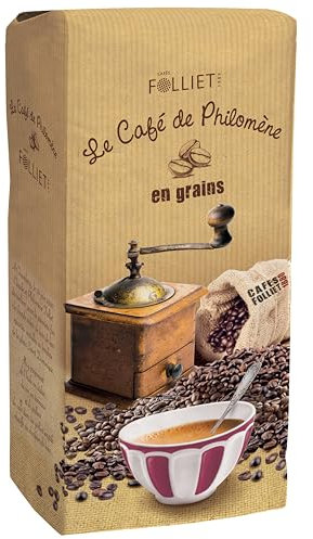 CAFÉS FOLLIET - Café En Grains - Philomène - Torréfaction lente - Intensité 9/10-100% Arabica - Café vert - Amérique Centrale, Afrique & Asie - 1kg