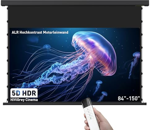 HiViLux® Tab-Tension Motorleinwand – ALR Hochkontrast Leinwand, HiViGrey Cinema 5D HDR (Gain 1,1), elektrisch, für 4K/8K Beamer, Heimkino (110 Zoll, 16:9, 244 × 137 cm, Schwarz)