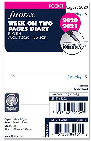 Filofax Taschenkalender mit Wochenansicht auf 2 Seiten, Englisch, 20. August – 21. Juli.