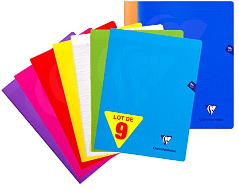 Clairefontaine 323361AMZC Lot de 9 Cahiers Mimesys - 24x32 cm - 96 Pages 90 g : 7 en Grands Carreaux (Bleu, Rouge, Jaune, Vert, Violet, Rose et Incolore) + 2 en Petits Carreaux (Bleu Marine et Orange)