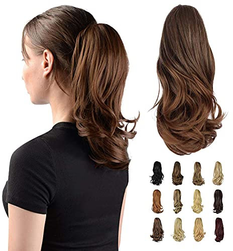 Sofeiyan 33cm Pferdeschwanzverlängerung Langer lockiger Pferdeschwanz Clip in Klaue Haarverlängerung Natürlich aussehendes synthetisches Haarteil für Frauen, Mittelbraun/Hell Auburn Mix