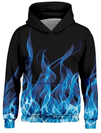 Freshhoodies Garçon Sweats à Capuche Drôle Bleu 3D Feu Impression Automne l'hiver De Noël Manches Longues Sweat Shirt avec Poche Sportif 8-10 Ans (XL)