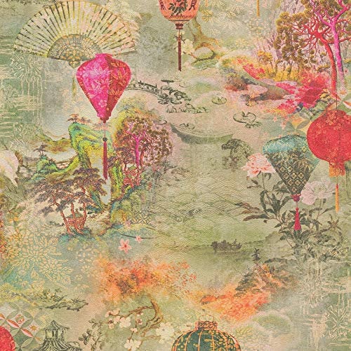 Oriental Vintage Floral Wallpaper - Green and Pink Japanese Style for Dining Room