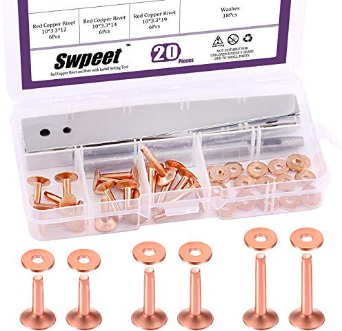 Swpeet Kit assortito di 38 rivetti in rame e frese in 3 misure, tra cui set di sbavature in acciaio inossidabile e rivetti in rame, strumento di installazione per cinture, portafogli, collari, pelle,