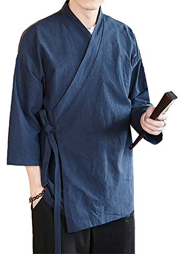 StarDY Cardigan en lin de style chinois pour homme - Veste kimono ample - Couleur unie - À nouer soi-même - Vêtements traditionnels Hanfu, bleu marine, Taille L