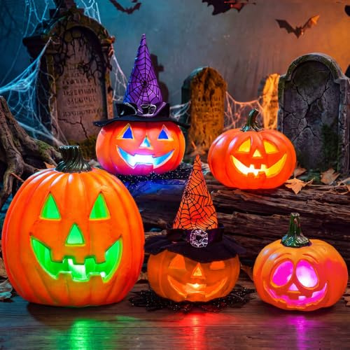 JOYIN 5 Stück Leuchtende Halloween Kürbis Deko, LED-Licht Dekorationen für drinnen und draußen, Halloween Tischdeko aus Kunststoff für Halloween-Partys, Gastgeschenke