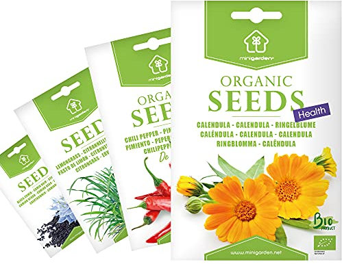 Graines Biologiques Minigarden, Sélection SANTÉ: Calendula, Piment De Cayenne, Cumin Noir et Citronnelle