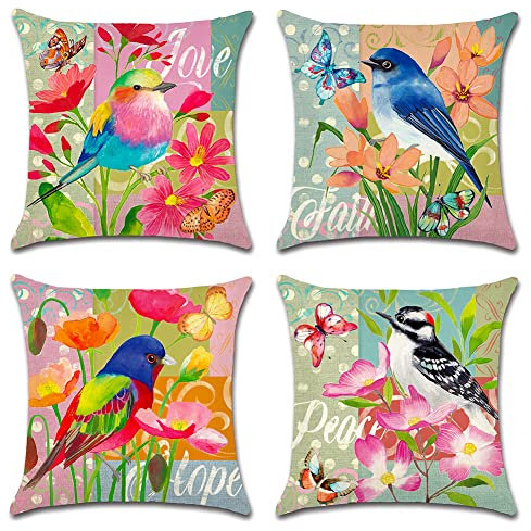 Artscope wasserdichte Kissenbezugen, 4er Set Blume Vogel Schmetterling Kissenhülle Atmungsaktiv Kissen Fall für Outdoor Balkon Terrasse Patio Garten Bauernhaus Dekor 45x45CM
