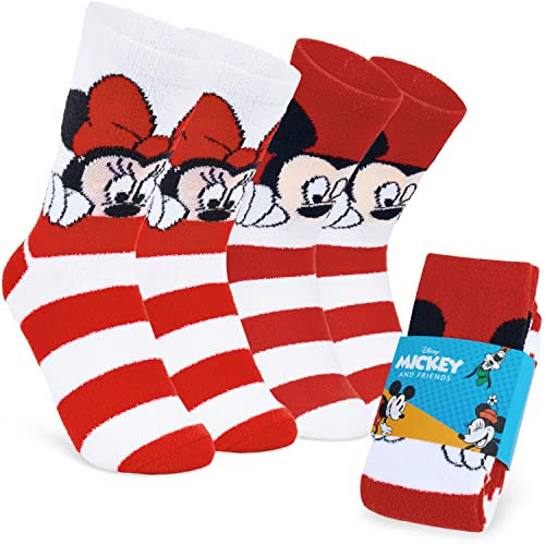 Disney Damen Socken, 2er Set Kuschelsocken Damen Flauschig mit ABS Mickey Minnie Baby Yoda Stitch (Rot Minnie/Mickey)