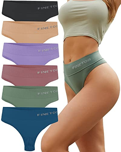 FINETOO 6 Pack High Waisted Thongs for Women, Nylon Spandex Panties Breathable Soft Stretchy Underwear High Rise S-XL, 6 Pack D, XS-S