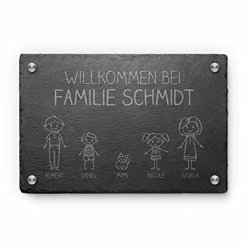 Willkommensschild aus Schiefer | Strichzeichnung Familie personalisiert mit Namen (5 Figuren) | Türschild Individuelle Gravur mit Figuren - Eltern Kinder Katze (30 x 20 cm - Motive 2)