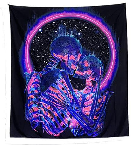 Jiamusi Totenkopf-Kuss-Liebhaber-Schwarzlicht-Wandteppich, UV-reaktiver Wandteppich für Schlafzimmer, Fantasie-Skelett