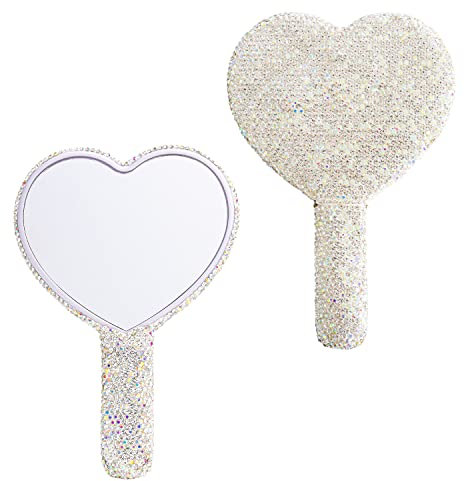 Wowagoga Handspiegel mit glitzernden Strasssteinen, herzförmig, Kosmetik-Handspiegel mit Griff, niedlicher Handspiegel für Damen und Mädchen (weiß)