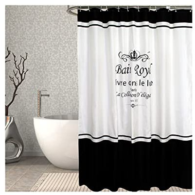 Skcess Rideau de Douche Réglable Noir Blanc 180 x 200 cm - Polyester Avec Crochets et Couronne