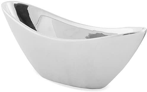 Moderne Deko-Schale in silber-farben glänzend aus Keramik - Ovale 22 cm Schiff Pflanzschale als Blumen-Schale - Terracotta Jardiniere als Blumen-Topf Pflanztopf oder Blumen-Gesteck Tisch-Deko