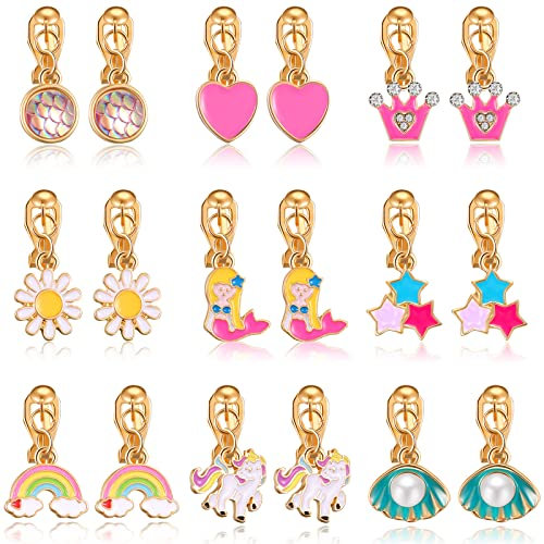 9 Paar Kinder Ohrclips Herz Einhorn Gänseblümchen Regenbogen Sterne Nicht Durchbohrte Ohrringe Kostüm Prinzessin Schmuck Accessoires für Kinder Mädchen Teenager Geburtstag Party Geschenke