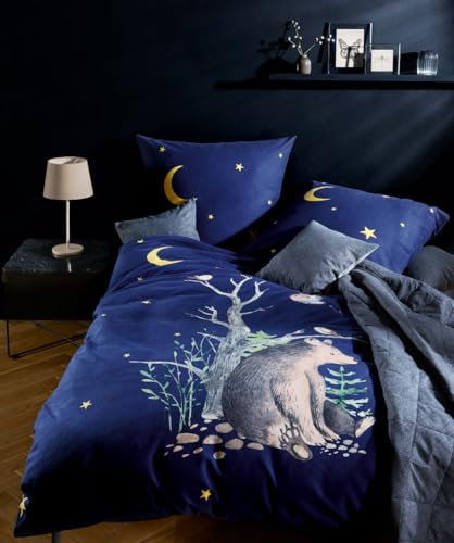 fleuresse Fein-Biber Bettwäsche Aspen Blau Bar in der Nacht 155x220 + 80x80 cm
