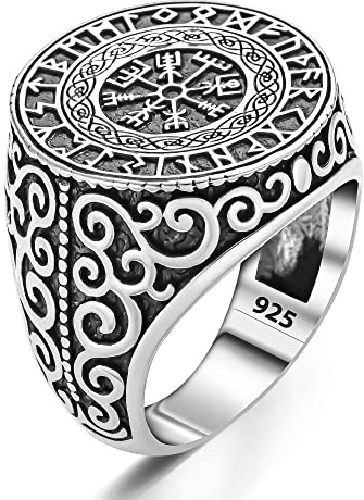 Siegelring aus massivem 925er Sterlingsilber mit Vegvisir-Kompass, nordischer Wikinger, Schmuck für Herren, Sterlingsilber, Kein edelstein