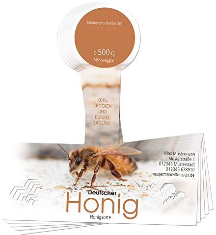 Apoidea – Honig Etiketten Cut-Out mit Gewährverschluss selbstklebend & personalisierbar - 300 Stück/Etiketten Honiggläser 500g / Honig Aufkleber für selbstgemachten Honig/Honigetiketten