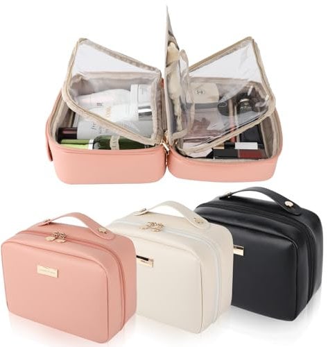 HERYEBING Kosmetiktasche Groß Reise Make up Tasche | Leder Wasserdicht Schminktasche mit Make-up Pinsel Fächern | Kulturtasche für Damen/Mädchen mit Griff | Kosmetikkoffer Travel Essentials(Rosa)