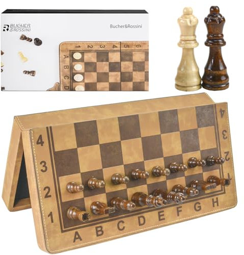 Magnetisches Schachspiel aus Leder, 38x38cm Schachbrett, Holzfiguren in Braun und Weiß, Eingebaute Aufbewahrung(15 Zoll)