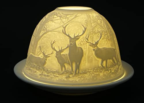 CBK-MS Dome Light Teelicht Hirsche im Wald Windlicht Porzellan Teelichthalter ca. Ø 12 cm Höhe 8,5 cm