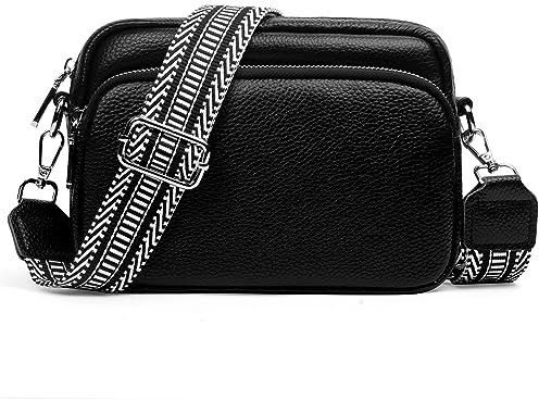 Aucuu Crossbody Bag Damen, Damen Handy Umhängetasche Echtes Leder, Kleine Umhängetasche Damen Breiter Gurt, Stylisch Schultertaschen, mit Breitem Schultergurt u 3 Fächern