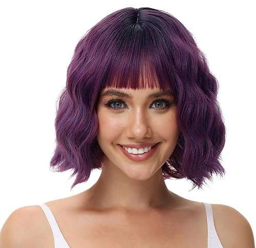 Luxiremi Perücken Violett kurze Lockig Gewellt Perücke Bob mit Pony Kunsthaar Cosplay Perücke für Damen