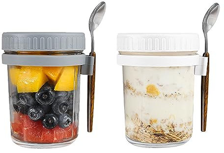TAPT Gobelet à Céréales, 2 Pièces Gobelets à Yaourt à Emporter avec Couvercle et Cuillère Mug Céréales à Emporter, 350ml Gobelet avec Balance pour Muesli, Yaourt, Salade(gris + blanc)