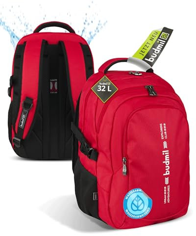 budmil Schulrucksack Teenager Mädchen 32L [leicht & ergonomisch] Rucksack Mädchen ab Klasse 5 - wasserabweisend - mit 3 Fächer & belüftete Rückseite - Edwin Red
