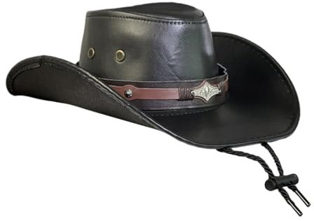 harayaa Western-Cowboy-Hut, Outdoor-Sonnenhut für Herren, modische Jazz-Hüte aus Kunstleder mit Kinnriemen für Club, Bar, Halloween-Festival, Schwarz